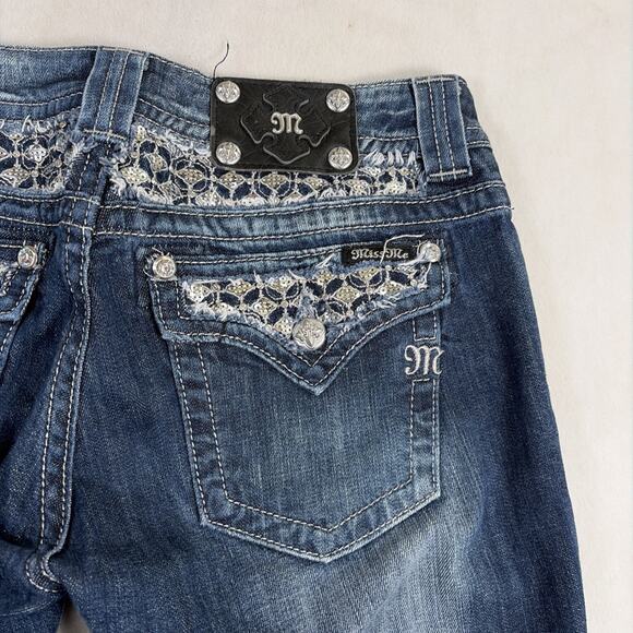 Miss Me Jeans Womens 30 X 31 Blue Mid Rise Skinny Flap Pockets Bling Sequins - Picture 10 of 11